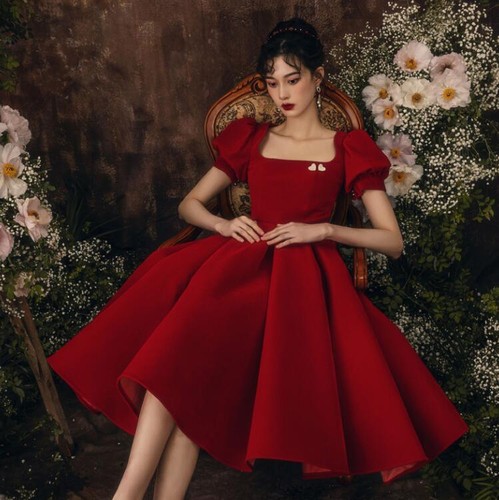 Women's Pretty Puff Sleeves Graduation Party Flared Wedding Dress Cocktail FAV - 第 2/5 張圖片