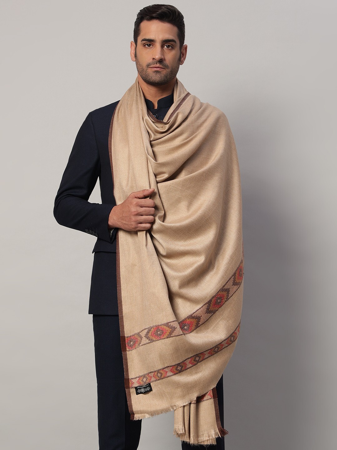 Pashmina de Lana Hombre Beige Chal Dushala Lohi Suave Cómodo ML-16