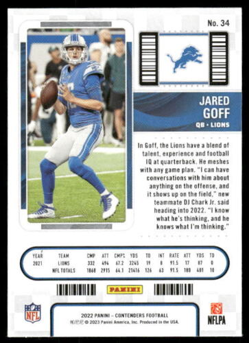 Panini Contenders #34 2022 Jared Goff - Imagen 2 de 2