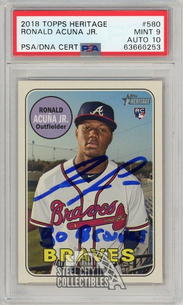 Ronald Acuna Jr 2018 Topps Heritage Auto RC "Go Braves" #580 PSA 9 PSA/DNA 10
