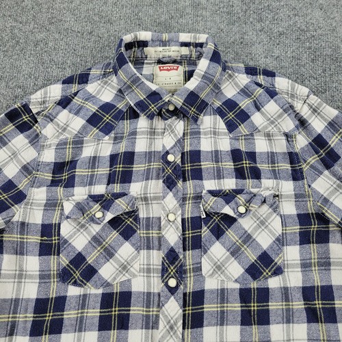 Levi's Pearl Snap Shirt Men's Large Blue White Plaid Flannel Western Long Sleeve - Picture 2 of 16