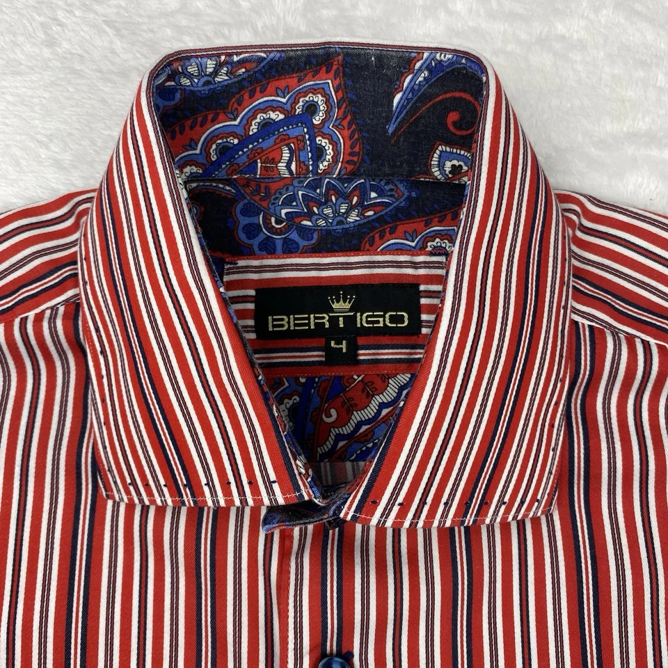 Camisa de vestir BERTIGO para hombre (4) grandes rayas rojas/blancas puños abatibles mangas largas Foto 3 de 4