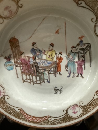 Early 1800s Chinese Export Porcelain Court Scene Figural Bowl 9 In Old Repair - Picture 2 of 14