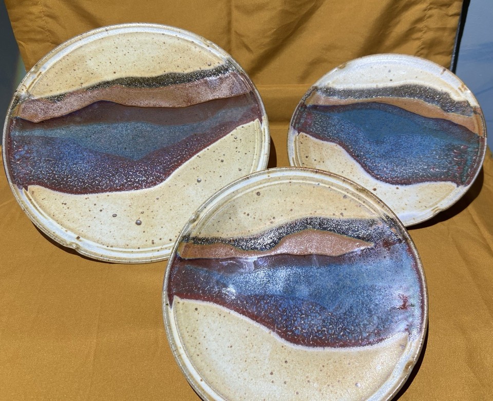 Signed Handmade Art Studio  Pottery Crafted Plate Set of3  Glazed 10" 8" 