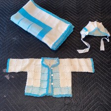 Vintage Crochet Knit Matching Baby Sweater, Bonnet  Blanket