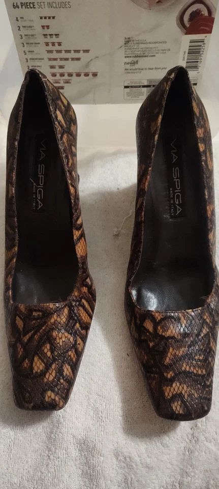 De Colección Via Spiga Tacones Talla 7.5M Y2K Años 90 Marrón Pitón Cuero Puntera Cuadrada Grueso Foto 3 de 4