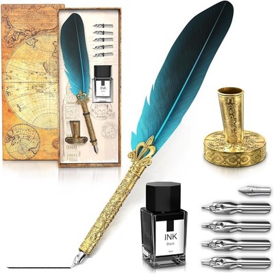 Vintage Feather Quill Pen and Ink Set - Blue Feather Pen and Ink Set, Writing an