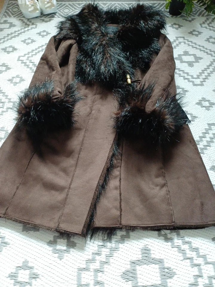 Zara Dark Brown Gorgeous Fur Suede Style Long 🍂 Autumn Winter Coat L 12 14 - Image 3 of 4