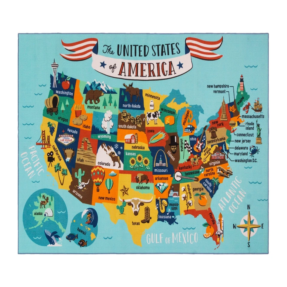 Alfombra grande de Estados Unidos mapa multi fácil cuidado antideslizante educativa para niños 6x9 Foto 2 de 4