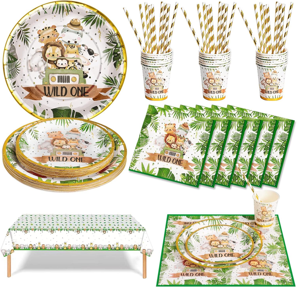 Nkaiso Dschungel Safari Partygeschirr Set 126 StüCk Papier Teller Tassen Serviet-image