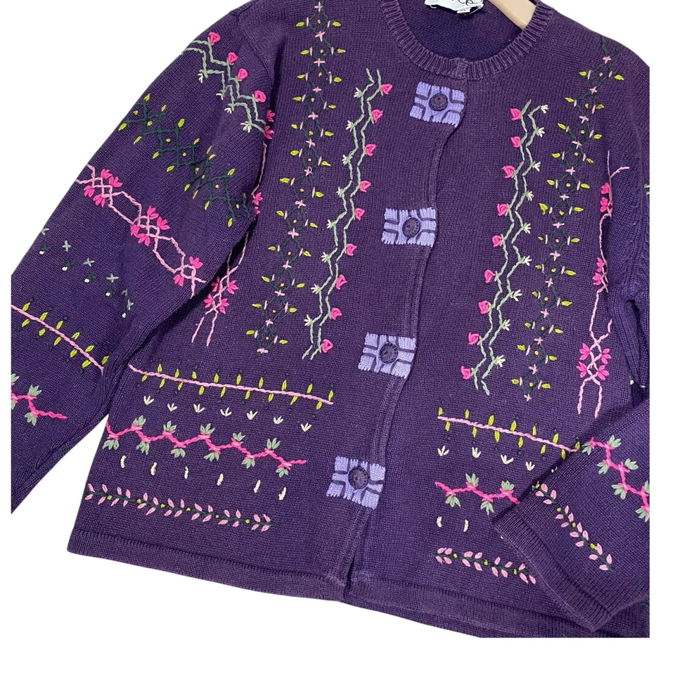 ВИНТАЖНЫЙ 90-х JOYCE XL вышитый цветочный кардиган фиолетовый бабушка коттеджкор - Изображение 2 из 4