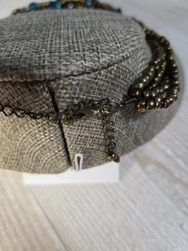 Collar Boho Multi Hilo Cuentas Bronce Semilla Cuentas Azul Teal Ámbar Cuentas Vidrio Foto 4 de 4