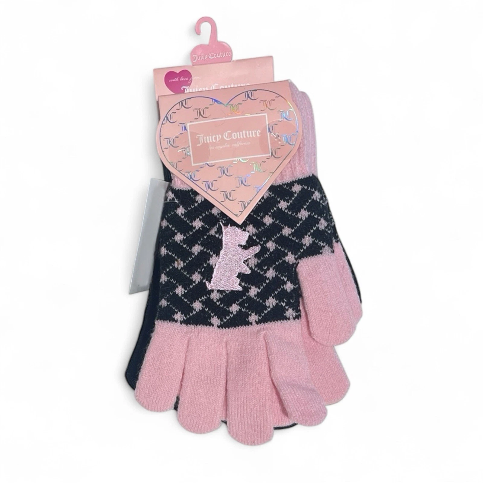 JUICY COUTURE Women’s Winter Gloves Pink and Black w Rhinestone Design 3 Pairs