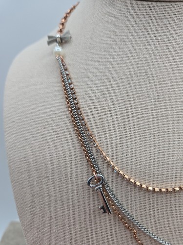 BETSEY JOHNSON 3 Strand Necklace With Crystal Heart,Key,Faux Pearls,Bow Necklace - Picture 4 of 5