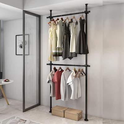 Heavy Duty Floor to Ceiling Garment Rack Adjustable 2 Tier Metal Clothing