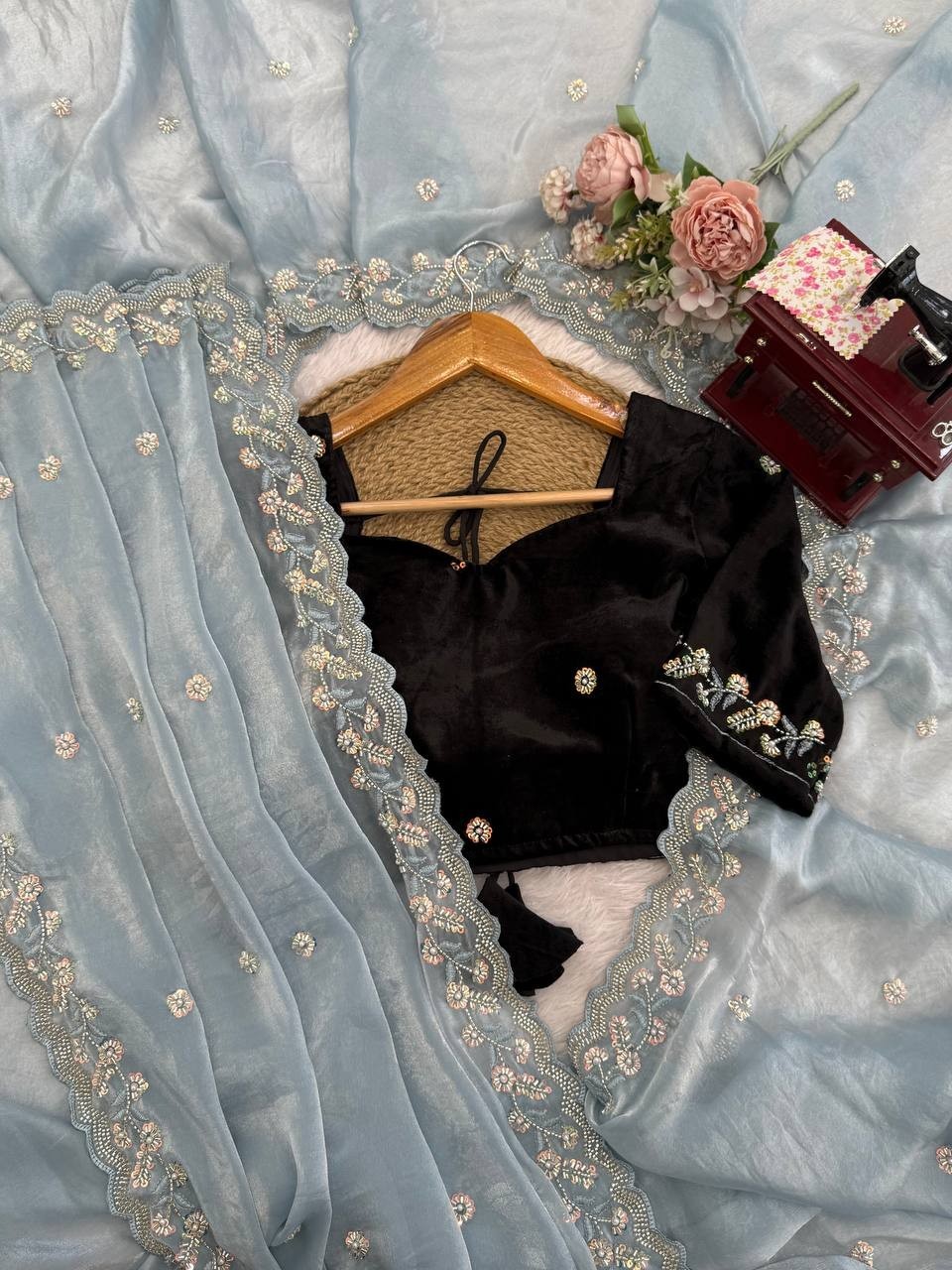 Indian Style Sky Blue Fendy Silk Saree With Blouse For Wedding Function Wear thumbnail 10