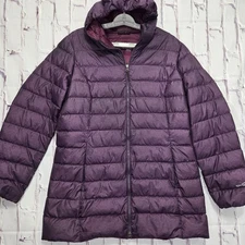 Eddie Bauer Womens Down Waterfoul Jacket Purple Hooded Puffer Coat EB650 Size L
