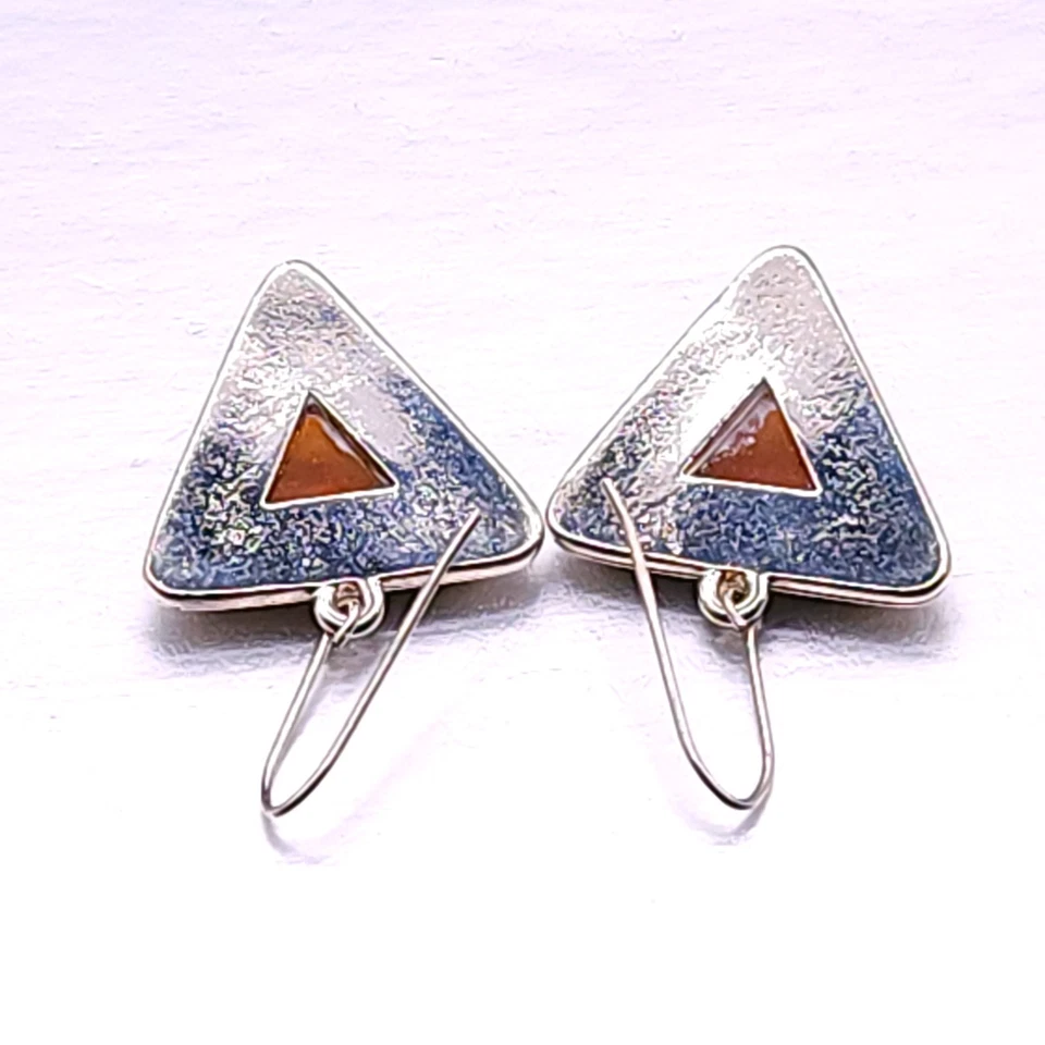 Pendientes colgantes vintage de plata de ley con triángulo ámbar amarillo Foto 3 de 4