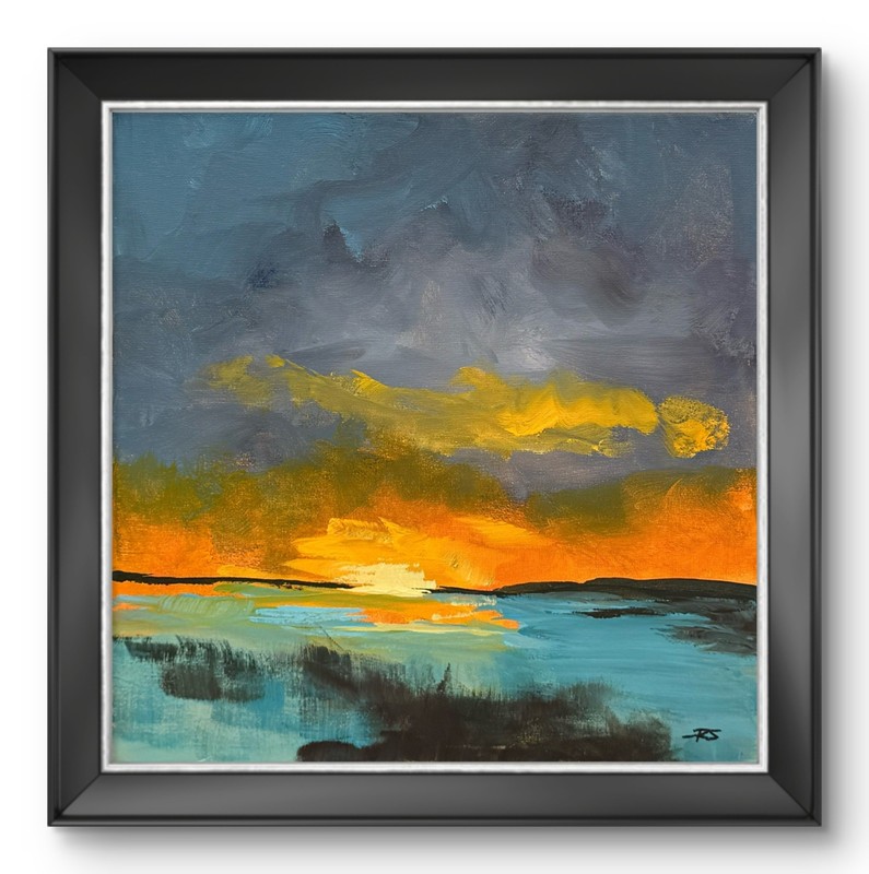 R Stevens Original Abstract Sunset Landscape Painting 12x12 Blue Lake Orange Sky
