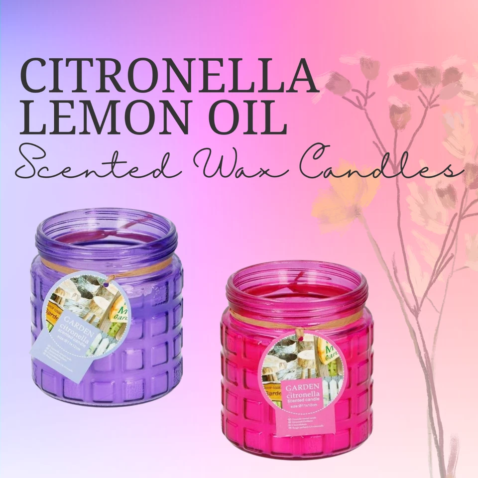 2x Large Citronella Oil Wax Candles Glass Holder 40 Hours Burn Time Purple Pink - Image 2 of 4