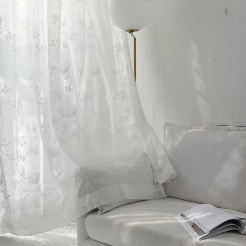 Cortinas bordadas de tul transparente blanco moda moderno varilla bolsillo cortina 1 panel Foto 4 de 4