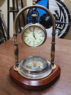 Nautical Antique Brass Desk Clock With Integrated Compass Timeless Maritime Gift