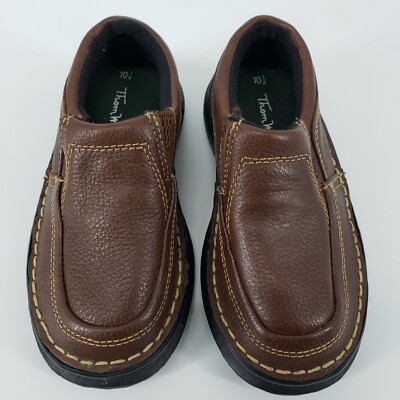 Thom McAn Shoes Boy's Sz 10.5 Brown Slip-on Loafers Leather Rubber Soles Stretch