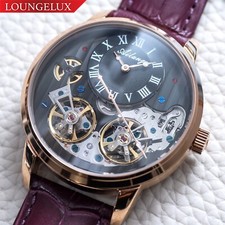 Mens Double Flywheel Leather Luxury Bling Skeleton Automatic Mechanical Watch