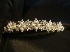 Davids Bridal Tiara Model 4595-0764 narrow silver Tiara Flower W/ Crystal Pearls