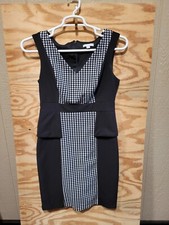 NY & Co Women’s Sheath Dress Sz 8 Peplum Black Houndstooth Career Party Stretch