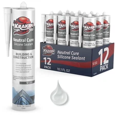 Kraken Bond Neutral Cure Construction Silicone Sealant, 10.1oz 12 Pack – Clear