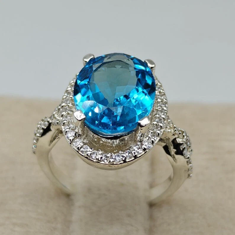 Natural Swiss Blue Topaz Halo Ring 925 Sterling Silver Gemstone with Moissanite - Image 4 of 4
