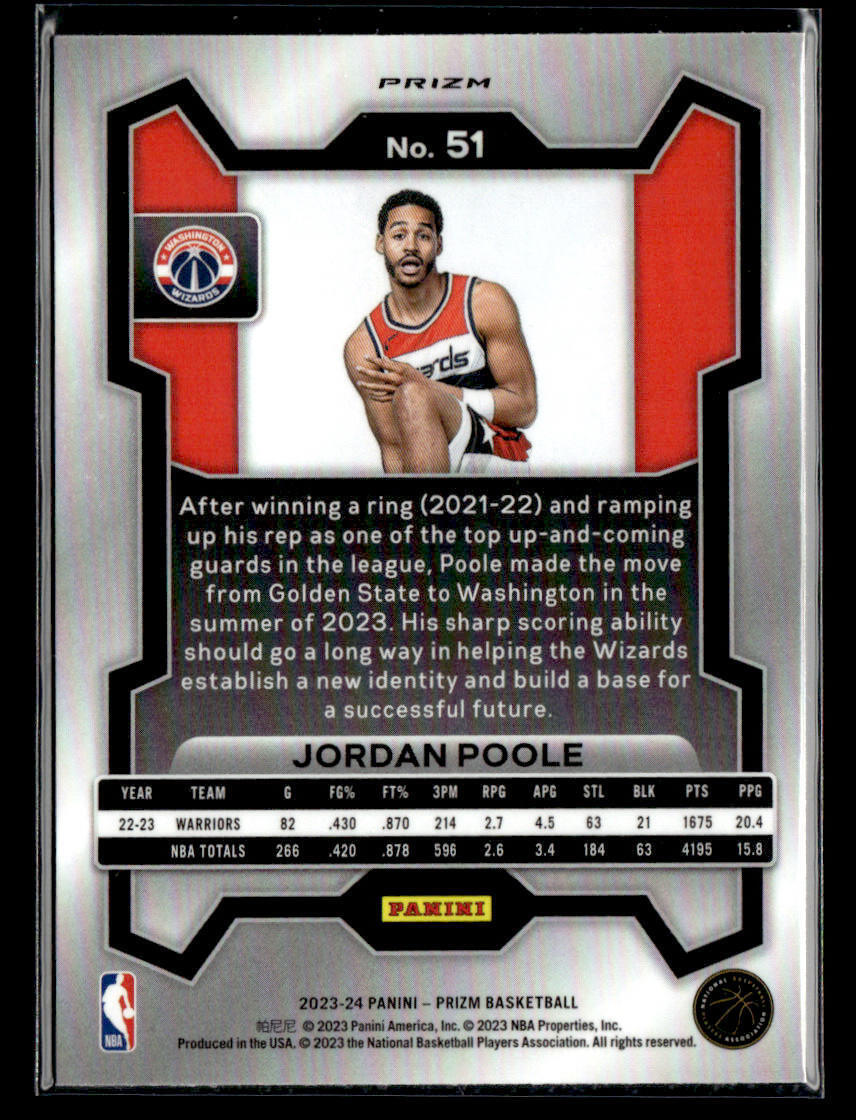 2023-24 Panini Prizm #51 Jordan Poole Prizms Silver Card 2023-24 Panini Prizm #51 Jordan Poole Prizms Silver Card
