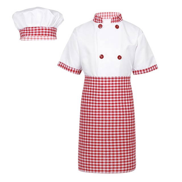 Unisex Boys Girl Chef Costume Uniform Outfit Jacket +Apron+Hat Cosplay