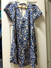 Old Navy Blue/Beige Floral V-Neck Flutter Sleeve Fit & Flare Mini Dress S Petite