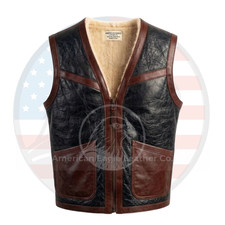 Men’s Real Shearling Sheepskin Leather Vest Brown Wool Winter Western Waistcoat