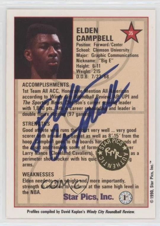 1990 Star Pics Auto Elden Campbell #35 Rookie Auto RC - Image 2 of 2