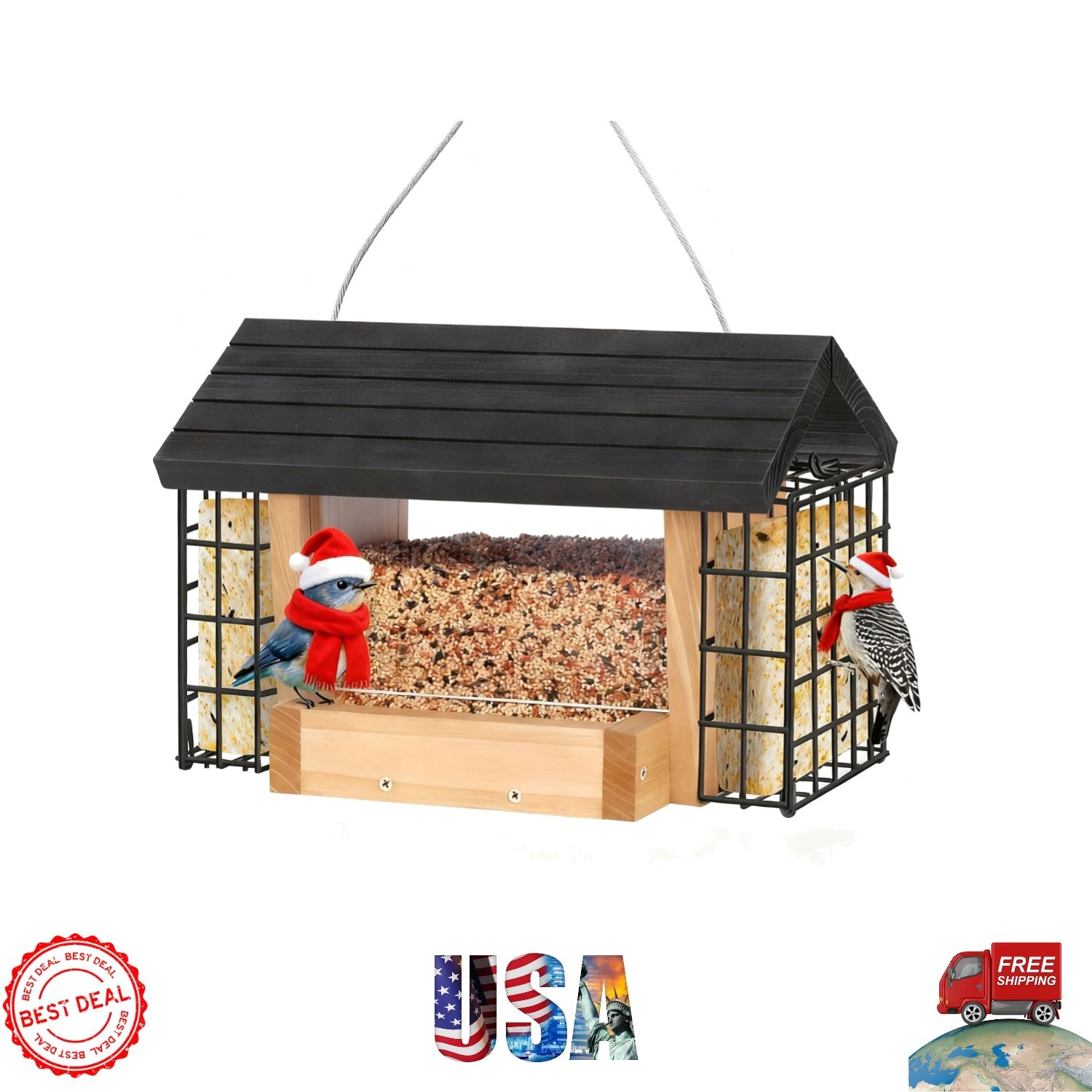 With 2 Suet Cages & 2.8 Lbs Capacity For Outdoor Birds