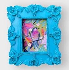 Floral Hummingbird watercolor mini art print in vintage style ornate frame