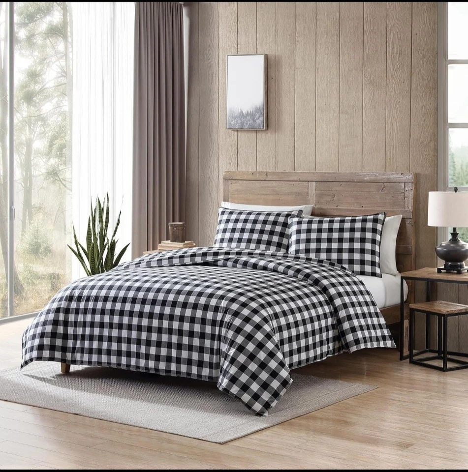 Eddie Bauer - Juego de edredón reversible completo/queen, cuadros negros a cuadros Buffalo Foto 2 de 4