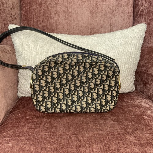 Christian Dior Trotter Canvas Shoulder Bag Navy Gold Authentic