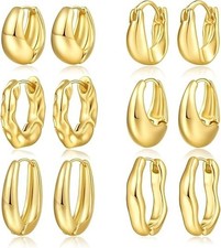 6 Pairs Gold Hoop Earrings Set for Women, 14K Gold Plated Huggie Chunky Earring