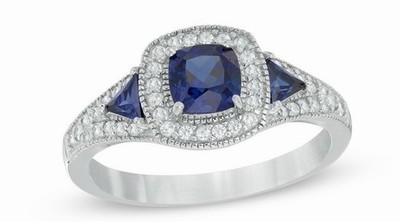 Previously Owned Cushion-Cut Lab-Created Blue and White Sapphire Frame Ring