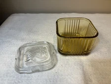 Vintage Amber Glass Refrigerator Dish w Lid Mid Century Square Ribbed