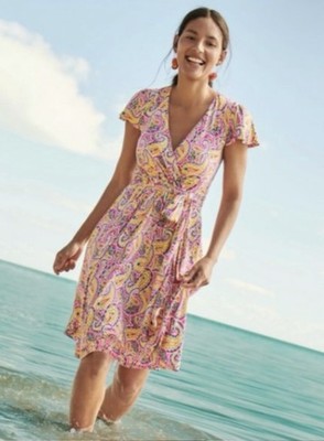 boden evangeline jersey wrap dress Boden Evangeline Jersey Faux Wrap Dress Pink Paisley Stretch Colorful Sz 6  Boho