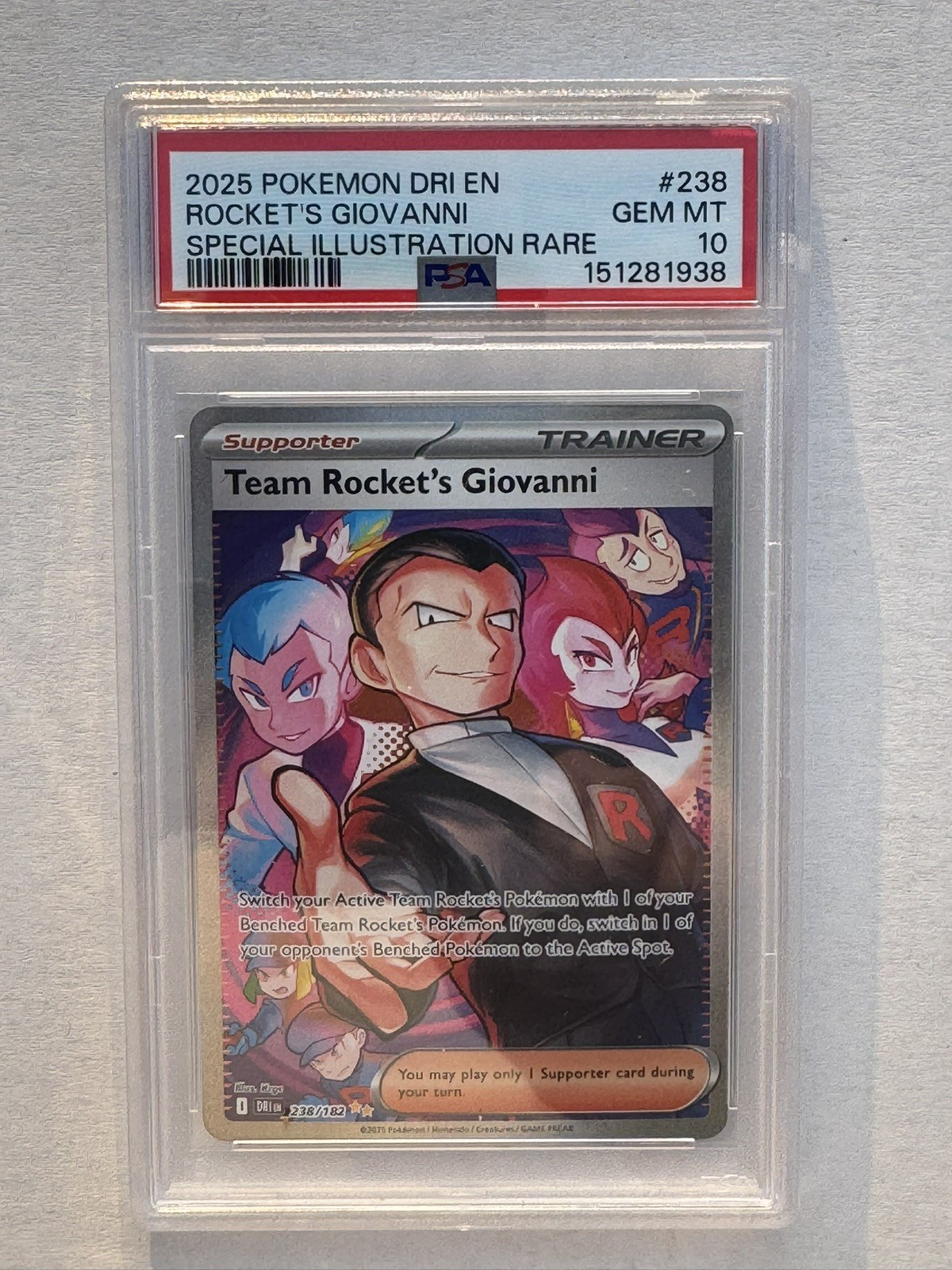 2025 POKEMON TEAM ROCKET'S GIOVANNI 238/182 DESTINED RIVALS SIR PSA 10