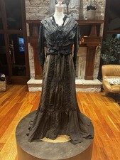 Antique Victorian Edwardians Black Silk Mourning Dress Set Boned Bodice 1900s