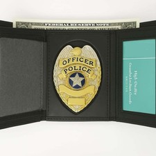 RFID Genuine Leather Trifold Badge Holder Wallet Black, Police Badge Holder