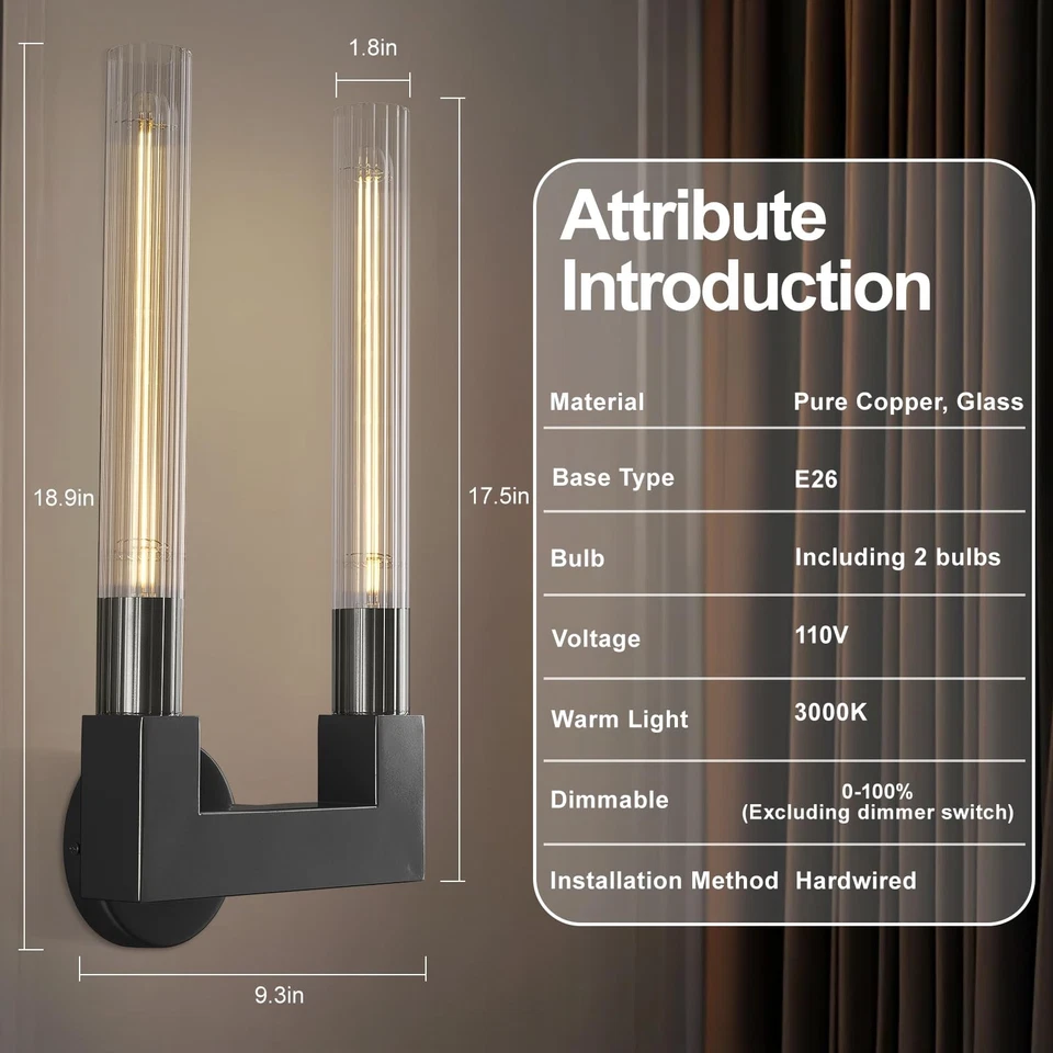 Modern Black Wall Sconces,19 Inch Double Bathroom Wall Sconce with Clear Glas... - Image 2 of 4