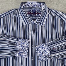 Robert Graham Classic Fit Floral Flip Cuff Men s XL Blue Stripe Button Up Cotton